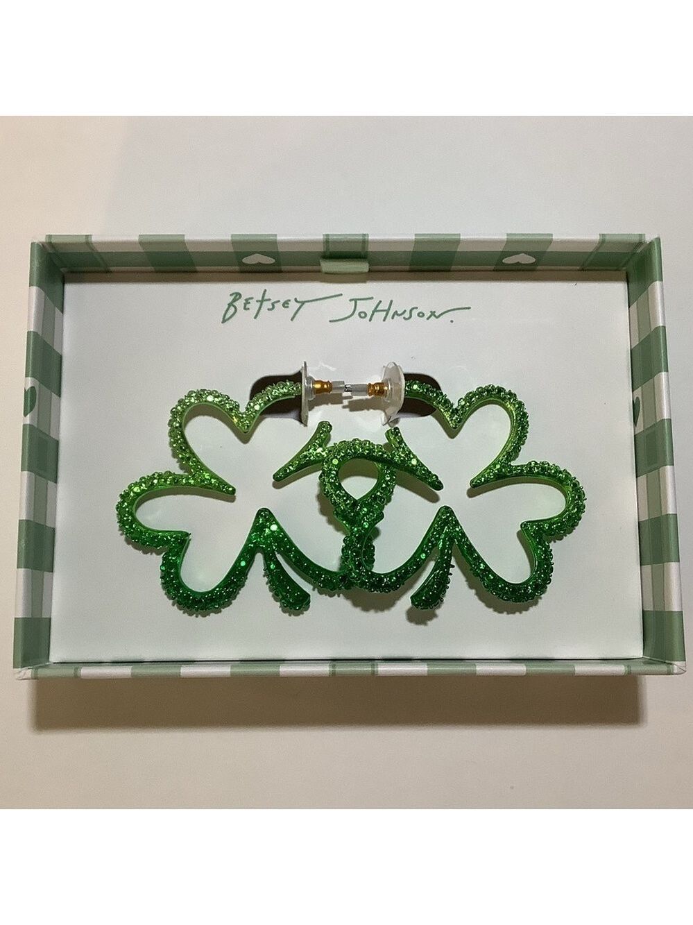 Betsey Johnson Green Ombre Sparkly Shamrock Hoop Earrings New